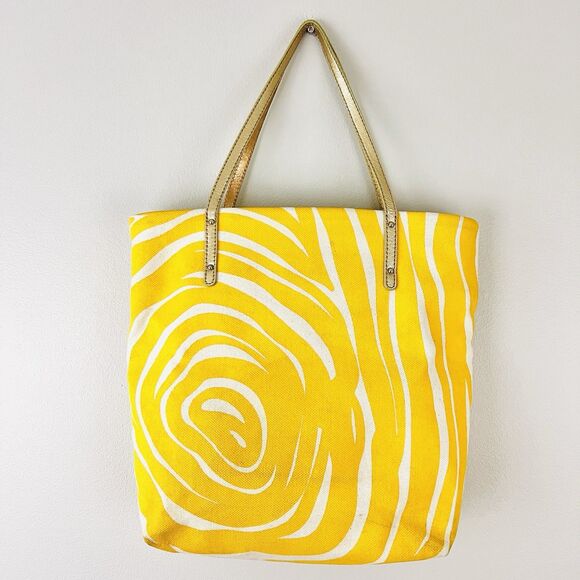 Rare Kate Spade Queen Bee Bon Shopper Yellow & White Tote Bag w/ Leather Handles - Picture 4 of 5